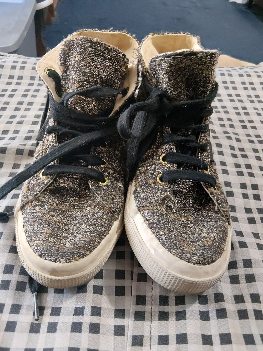 Superga Black and Gold Tweed High-Top Sneakers